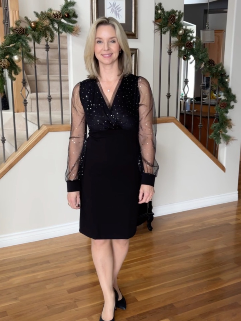 NWT - V Neck black dress with sheer sleeves